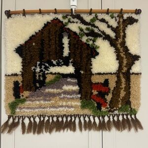 Vintage 70's Handmade Latch-Hook Wall Hang Rustic Bridge Barn Scene